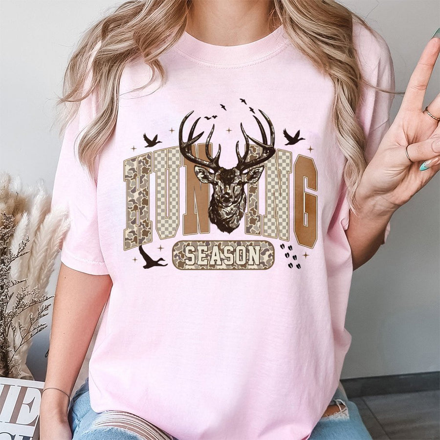 Hunting Season T-Shirt | Retro Deer Head Graphic with Camo and Checkerboard Print | 100% Cotton Premium Tee | Outdoor Gift for Hunters