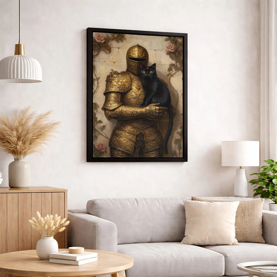 Knight with Black Cat Canvas Wall Art | Ornate Gold Armor Floral Portrait | Premium Fade-Resistant Print | Gothic Home Decor Gift for Cat Lovers