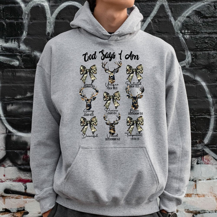 God Says I Am Bible Verse Hoodie | Camo Deer Bow Hunting Aesthetic | Premium Cotton-Poly Blend | Faith-Based Christian Gift for Women and Hunters