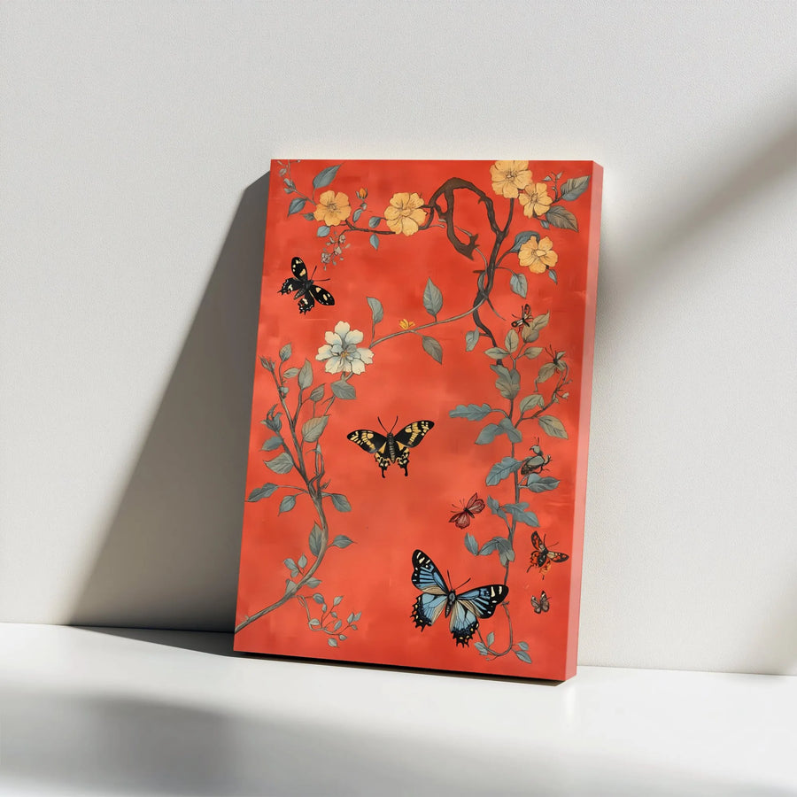 Vintage Butterfly Canvas Wall Art | Floral Botanical Red Illustration | Premium Gallery Wrap Print | Nature-Inspired Home Decor Gift
