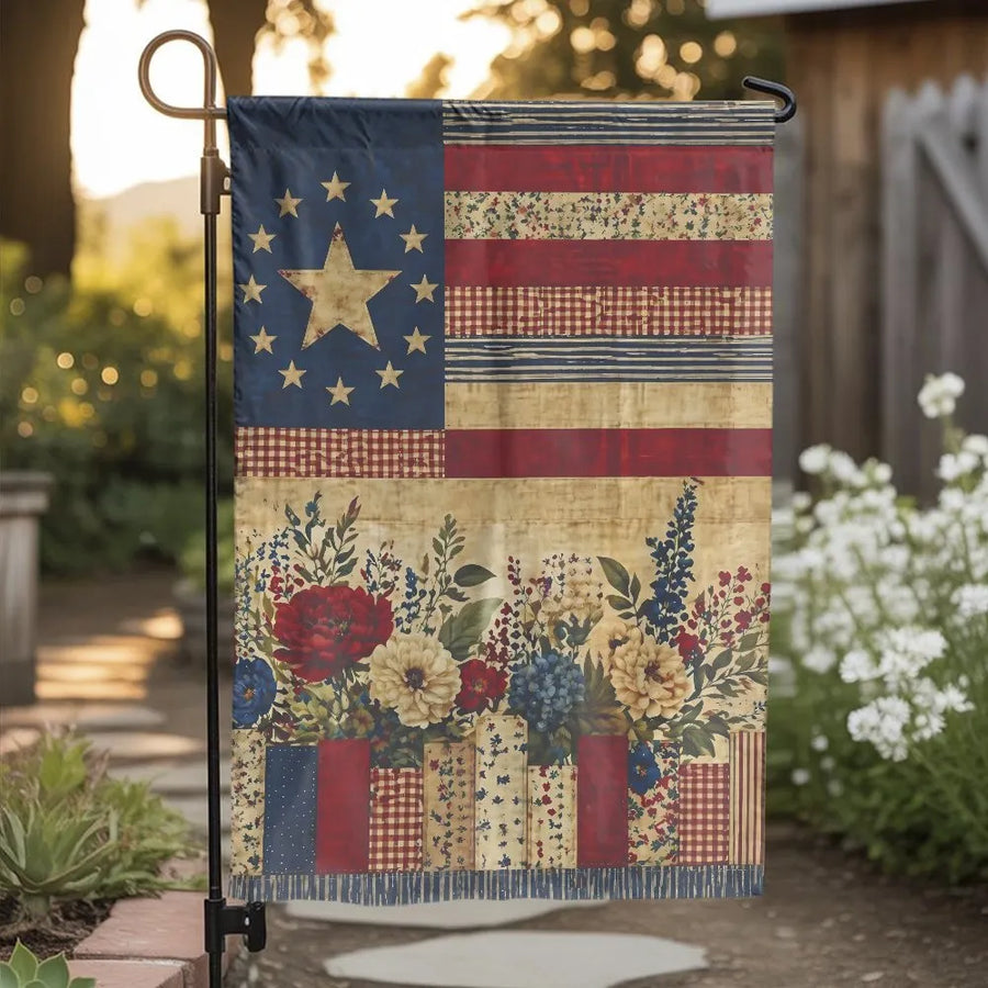 Patriotic American Garden Flag | Vintage Floral Stars and Stripes Art | Premium Double-Sided Weather Resistant Polyester | USA Semiquincentennial America 250 Outdoor Yard Decor Gift