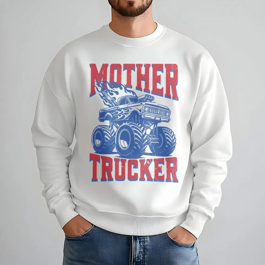 Mother Trucker Sweatshirt | Funny Monster Truck Mom Graphic | Soft Cotton Blend | Gift for Boy Mom Racing Fan