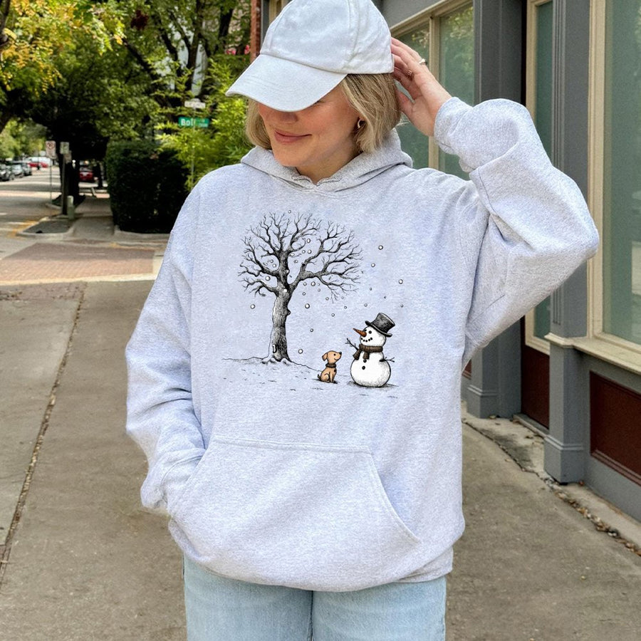 Snowman And Puppy Hoodie | Whimsical Winter Wonderland Illustration | Premium Cotton-Poly Blend | Cozy Christmas Gift For Dog Lovers
