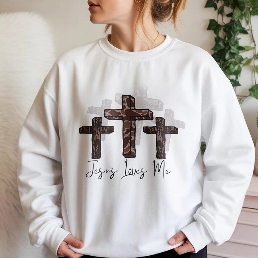 Jesus Loves Me Sweatshirt | Camo Cross Religious Graphic | Premium Cotton Blend | Christian Faith Gift for Men and Women