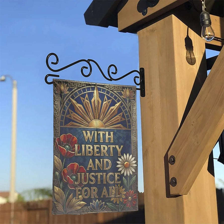Liberty and Justice For All Garden Flag | Art Deco Floral Mosaic Design | Double-Sided Weather Resistant | Premium Patriotic Yard Decor Gift