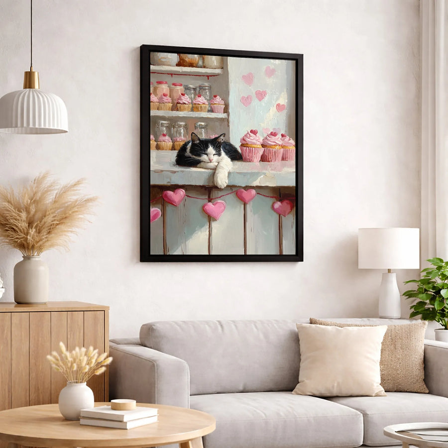 Tuxedo Cat Wall Art | Sleeping Kitten with Pink Cupcakes Painting | Premium 1.25" Gallery Wrapped Canvas | Valentine's Day Home Decor Gift