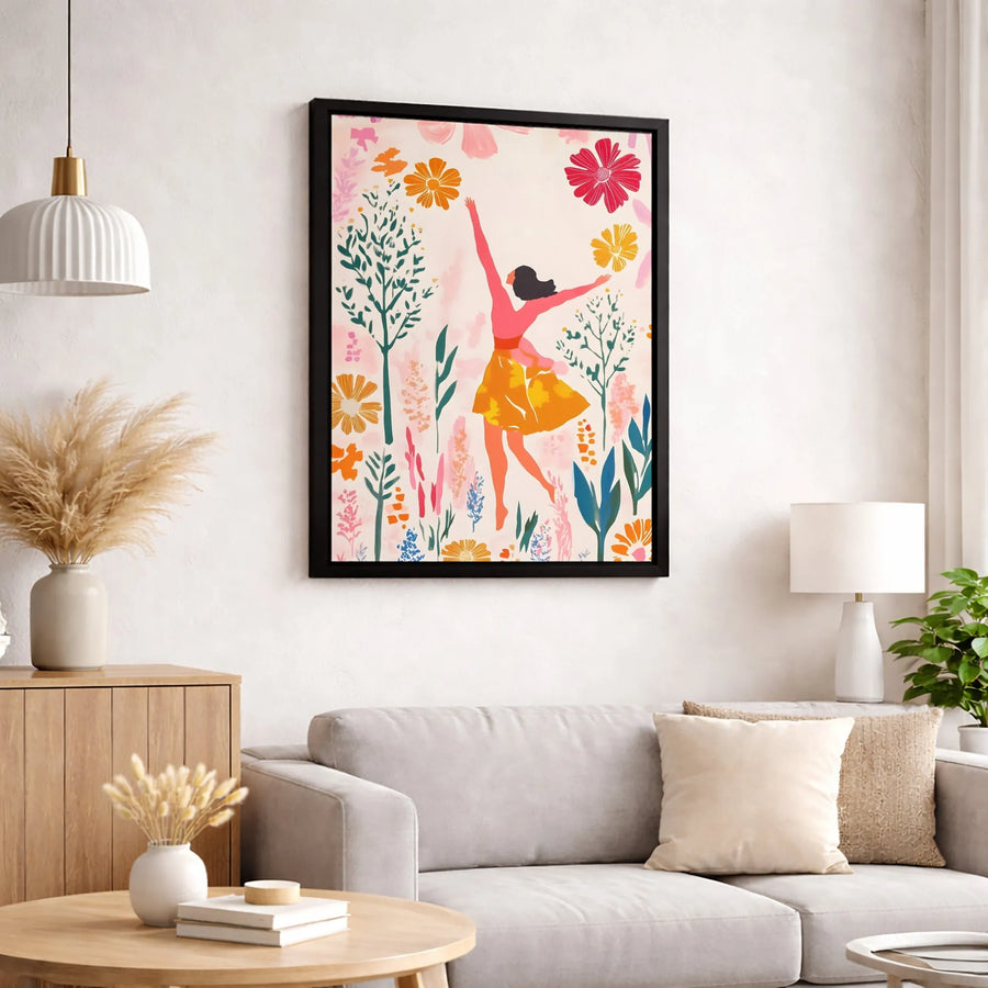 Dancing Woman Canvas Wall Art | Joyful Floral Garden Illustration | Premium Gallery Wrapped Print | Modern Home Decor Gift for Her