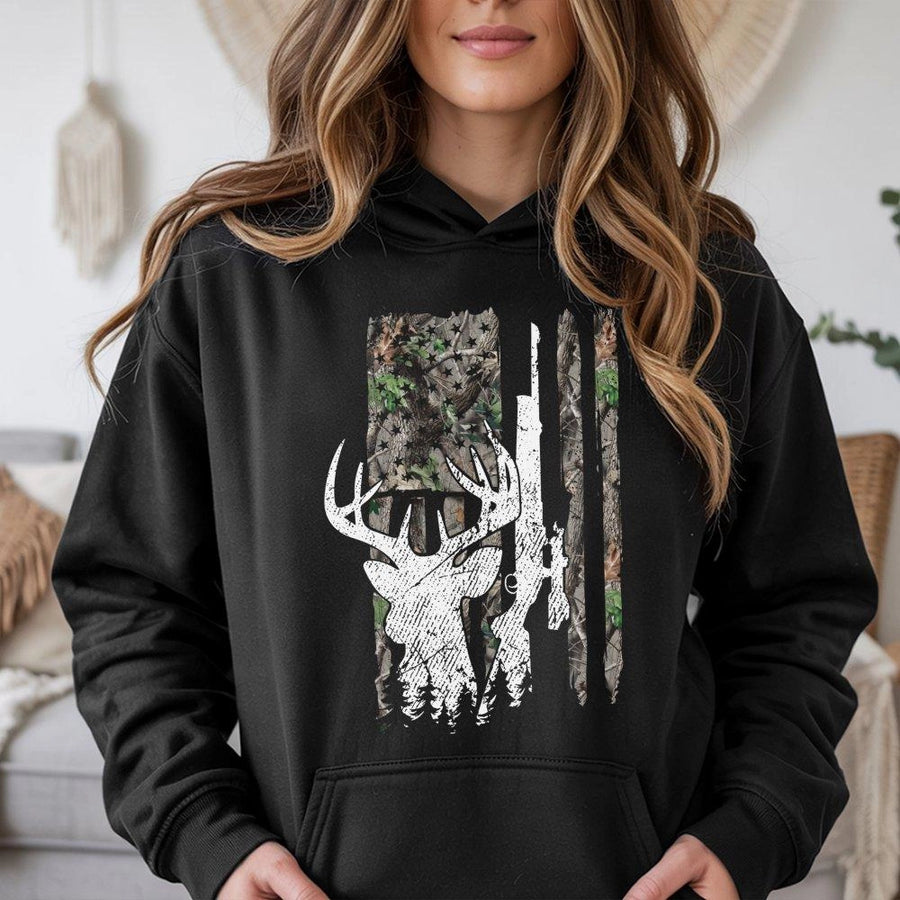 Deer Hunting Hoodie | American Flag Camo Buck Silhouette | Premium Cotton-Poly Blend | Gift for Hunter Outdoor Enthusiast