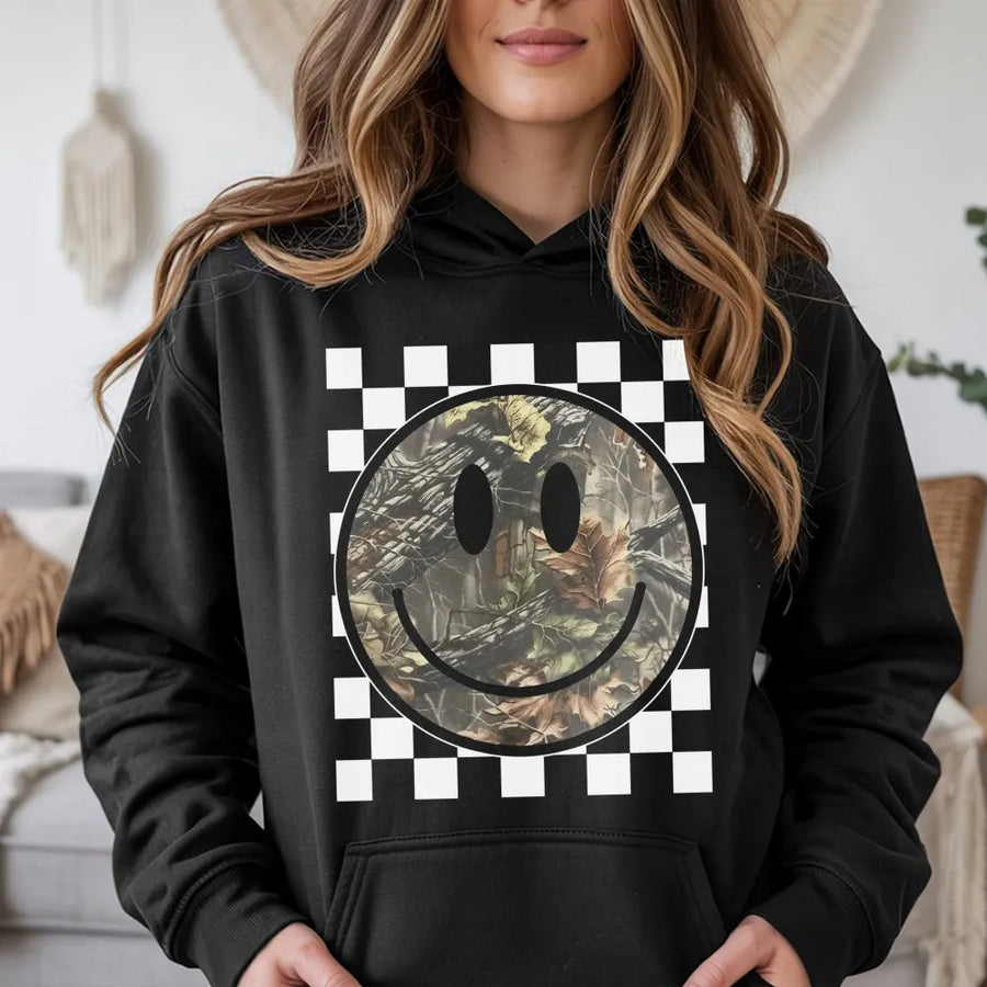 Camo Smiley Face Hoodie | Checkerboard Graphic Print | Premium Soft Cotton Blend | Western Style Aesthetic Gift for Women and Men