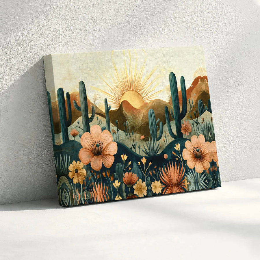 Bohemian Desert Landscape Canvas Wall Art | Cactus And Wildflower Sunrise | Premium Gallery Wrapped Print | Boho Home Decor Gift For Her