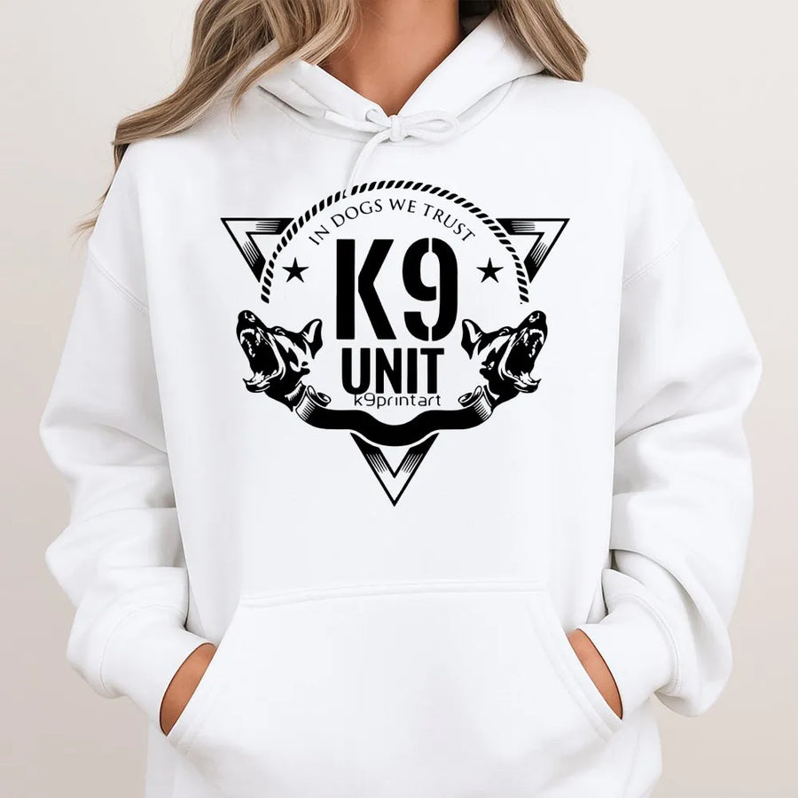 K9 Unit Hoodie | In Dogs We Trust Graphic Design | Premium Cotton-Poly Blend | Tactical Police Dog Gift for Handlers and K9 Lovers