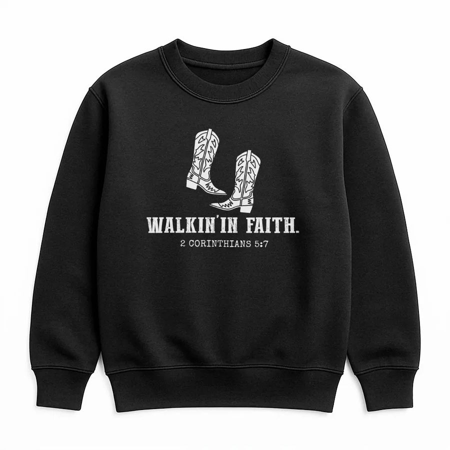 Christian Western Sweatshirt | Walkin' In Faith Cowboy Boots Graphic | Soft Cotton Blend | Religious Faith Based Gift for Women