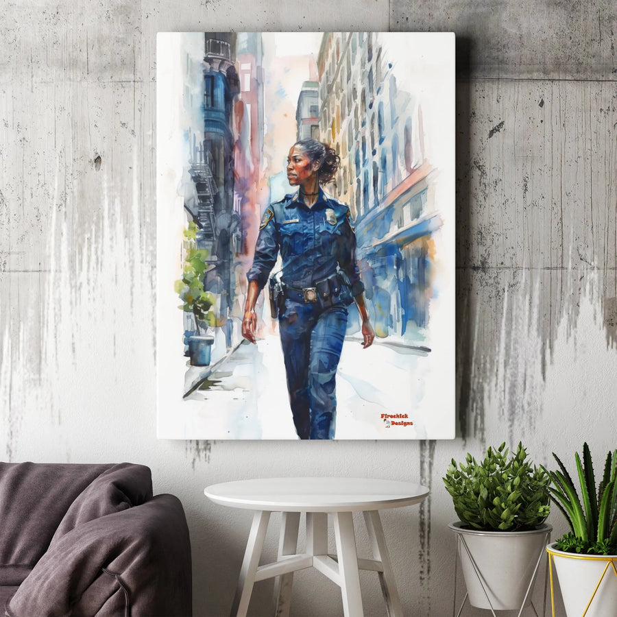Black Woman Police Officer Canvas Wall Art | Watercolor Law Enforcement Portrait | Premium Gallery Wrapped Canvas | Gift for Female Cop & Thin Blue Line Decor