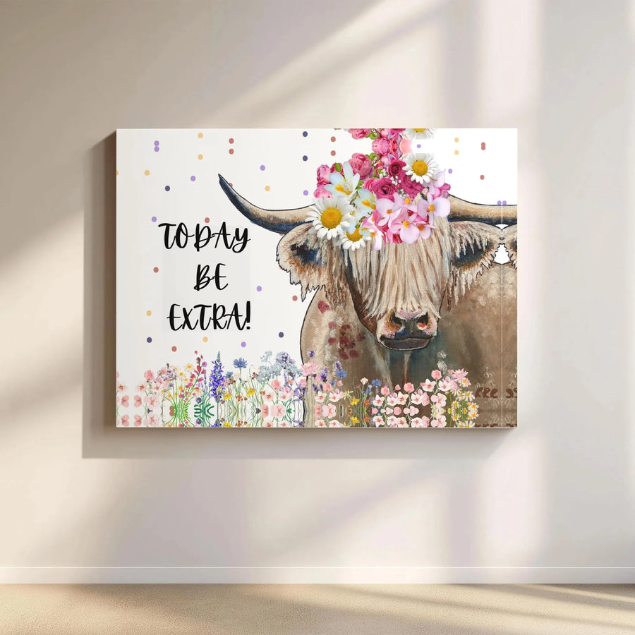 Highland Cow Canvas Wall Art | Floral Crown with "Today Be Extra" Quote | Premium Matte Canvas Print | Boho Farmhouse Decor Gift