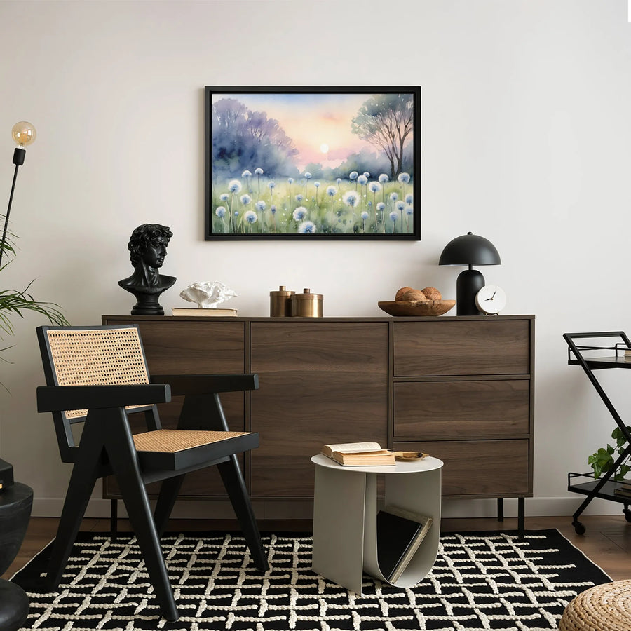 Dandelion Field Canvas Wall Art | Watercolor Sunset Meadow Landscape | Premium Fade-Resistant Print | Elegant Nature Home Decor Gift
