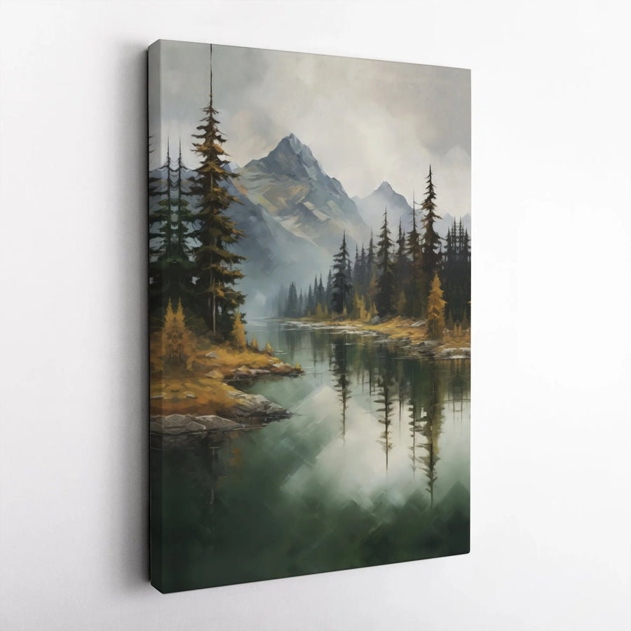 Mountain Lake Canvas Wall Art | Misty Forest & River Painting | Gallery Quality Canvas | Rustic Cabin Home Decor Gift