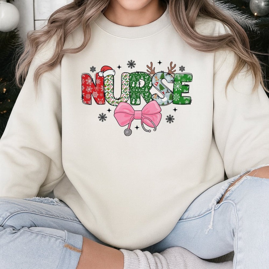 Christmas Nurse Sweatshirt | Festive Stethoscope & Bow Design | Soft Cotton-Poly Blend | Premium Healthcare Worker Holiday Gift