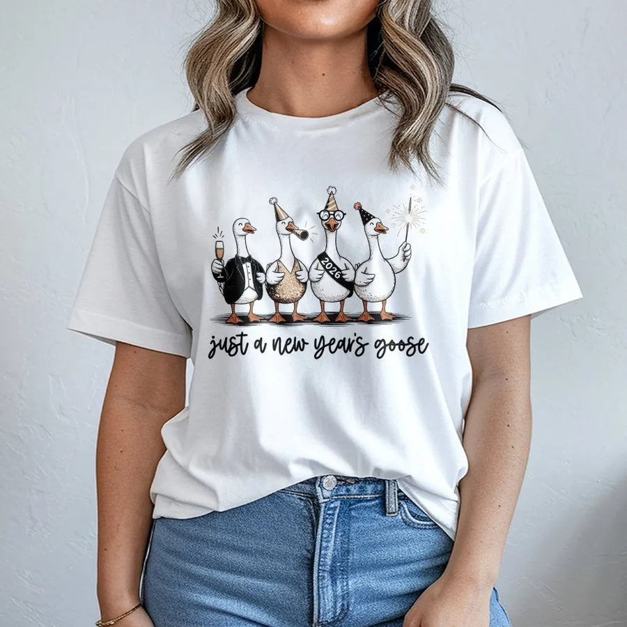 New Year Goose T-Shirt | Funny Holiday Bird Party Graphic | Premium Soft Cotton Unisex Tee | Cute 2026 Celebration Gift for Animal Lovers