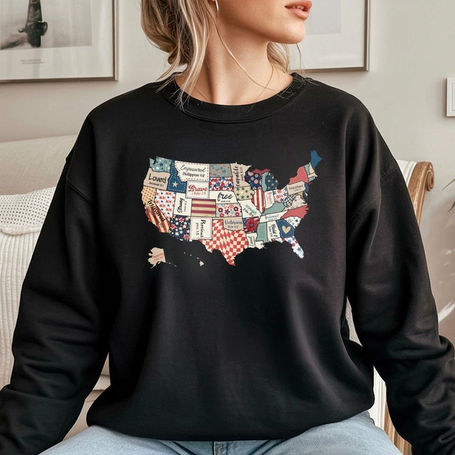 USA Map Sweatshirt | Christian Patriotic Bible Verse Art | Premium Cotton Blend Crewneck | Religious 4th of July Gift for Her