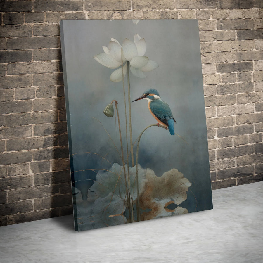 Kingfisher Bird and Lotus Flower Canvas Wall Art | Serene Botanical Nature Print | Premium Fade-Resistant Gallery Wrap | Elegant Home Office Decor