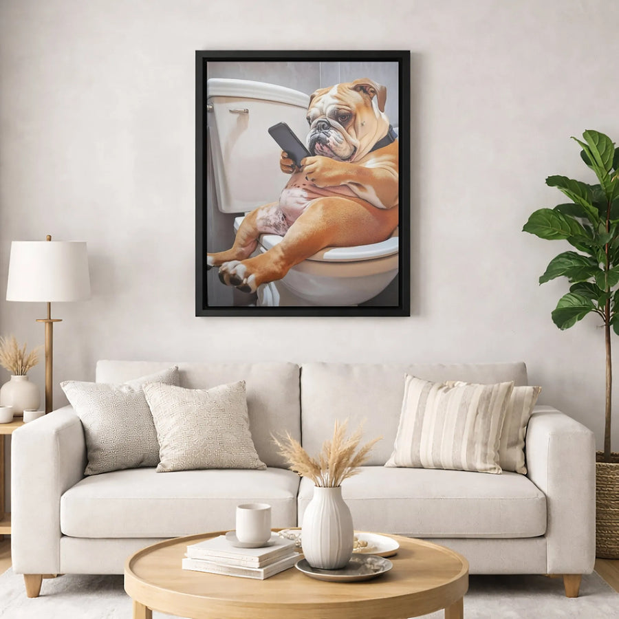 English Bulldog Toilet Poster | Funny Dog on Phone Wall Art | Premium Gallery Wrapped Canvas | Bathroom Decor Gift for Dog Lovers
