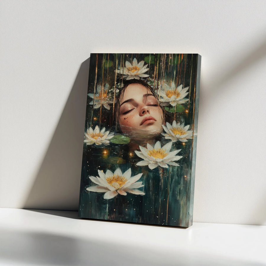 Serene Water Lily Canvas Wall Art | Mystical Woman Floating in Lotus Pond | Premium Gallery Print | Boho Bedroom Decor Gift for Her