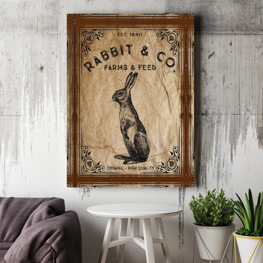 Vintage Rabbit Canvas Art | Rustic Farms & Feed Sign Print | Premium Gallery Wrapped Canvas | Farmhouse Kitchen Decor Gift