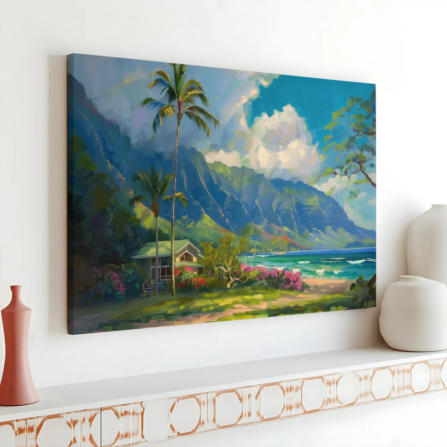 Tropical Beach House Canvas Print | Hawaii Coastal Landscape Art | 1.25 Inch Gallery Wrap Wall Decor | Premium Island Living Gift