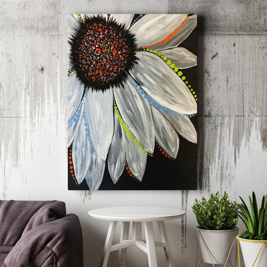 Abstract Sunflower Canvas Wall Art | Monochrome Floral Print with Colorful Accents | Gallery Wrap Premium Print | Modern Home Decor Gift