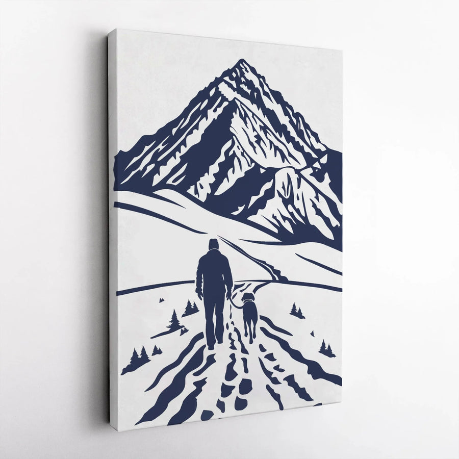 Man And Dog Hiking Canvas Wall Art | Snowy Mountain Peak Graphic | Premium 1.25-Inch Gallery Wrap | Adventure Gift For Dog Lovers