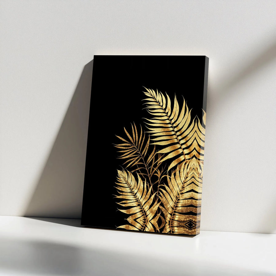 Golden Palm Leaf Wall Art | Modern Black and Gold Botanical Canvas | 1.25 Inch Gallery Wrap | Luxury Home Decor for Living Room