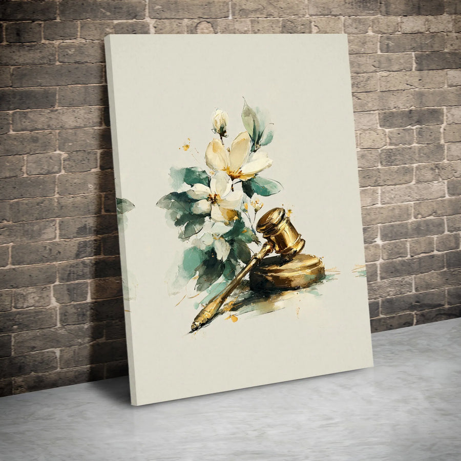 Judge Gavel Canvas Wall Art | Watercolor Floral Justice Print | Premium Stretched Canvas | Collector's Gift for Lawyer, Judge, Law Student