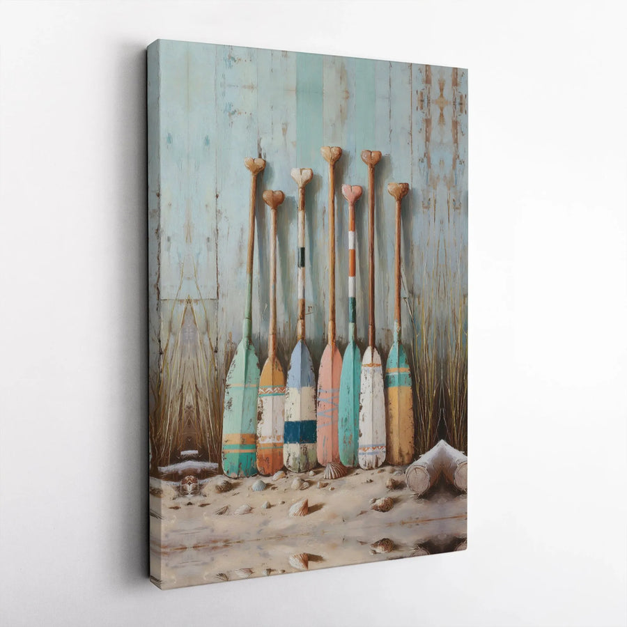 Coastal Paddle Wall Art | Colorful Weathered Boat Oars Painting | Premium Canvas Print | Nautical Beach House Decor Gift