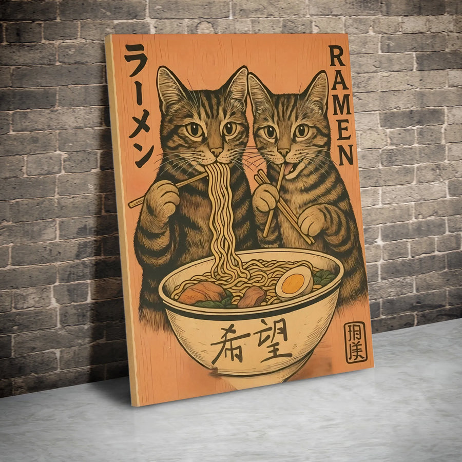 Japanese Ramen Cat Canvas Print | Cute Tabby Cats Eating Noodles Wall Art | Premium Gallery-Wrapped Canvas | Kitchen Decor Gift for Cat Lovers