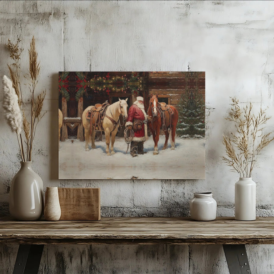 Cowboy Santa Claus Canvas Art | Rustic Western Christmas Wall Decor | Premium Fade-Resistant Print | Holiday Gift for Farmhouse Lovers
