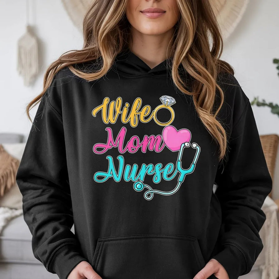 Wife Mom Nurse Hoodie | Cute Stethoscope & Heart Graphic | Soft Cotton Blend | Premium Mother's Day Gift for RN