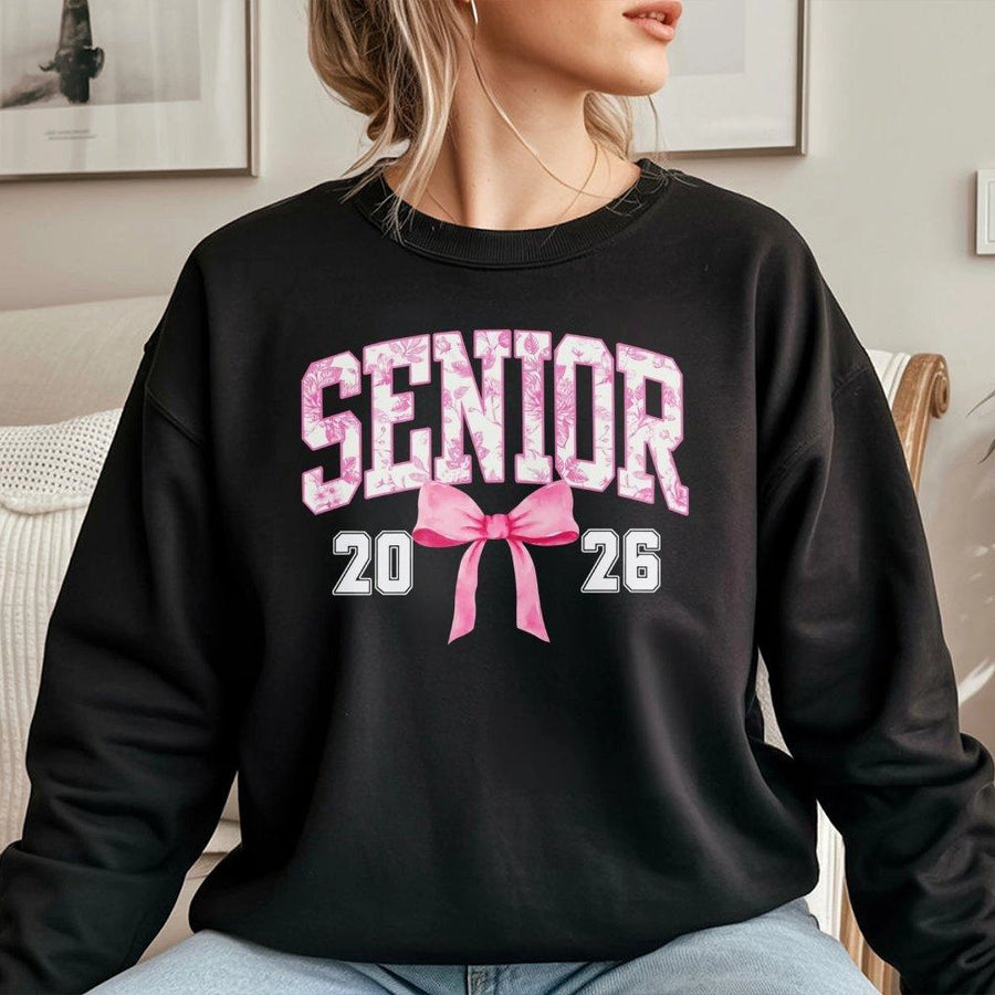 Senior 2026 Sweatshirt | Coquette Pink Bow Toile Floral Design | Premium Cotton-Blend Crewneck | High School Graduation Gift for Her