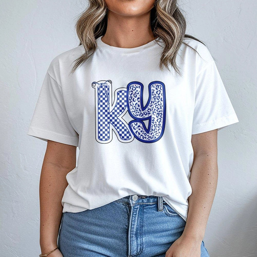 Kentucky State T-Shirt | Checkerboard Leopard Print KY Graphic | Premium Soft Cotton | Trendy Kentucky Gift for Locals & Alumni