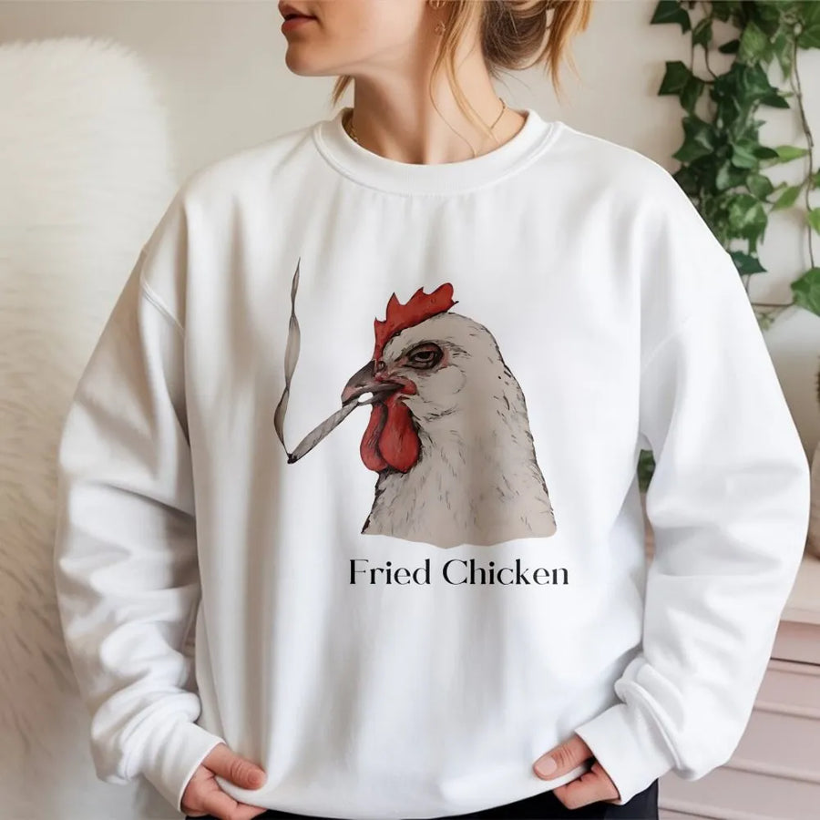 Fried Chicken Sweatshirt | Smoking Rooster Graphic Design | Premium Cotton Blend Crewneck | Funny 420 Stoner Gift for Him and Her
