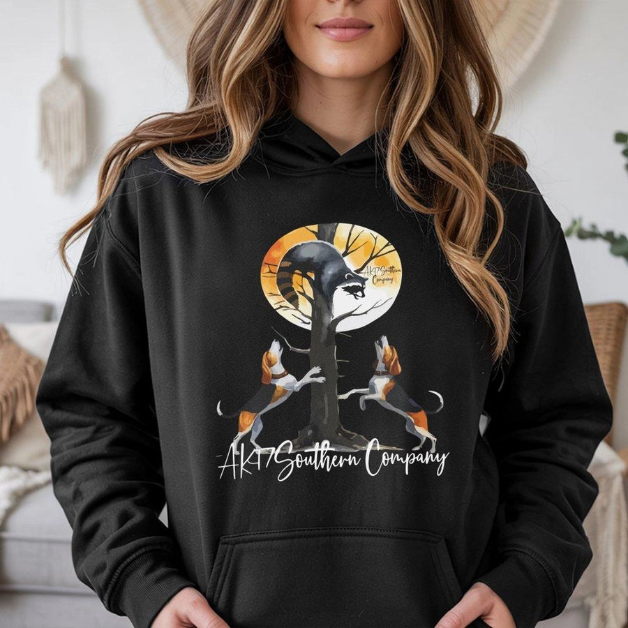 Treeing Coonhound Hoodie | Raccoon Hunting Dog Graphic Print | Premium Cotton Blend | Gift For Southern Hunting Enthusiasts