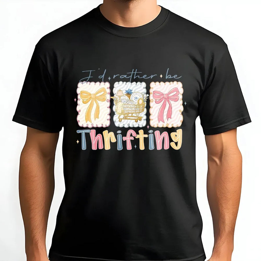 I'd Rather Be Thrifting T-Shirt | Retro Aesthetic Graphic Print With Bows | Premium Soft Cotton Tee | Cute Gift For Thrift Shoppers & Fashion Lovers