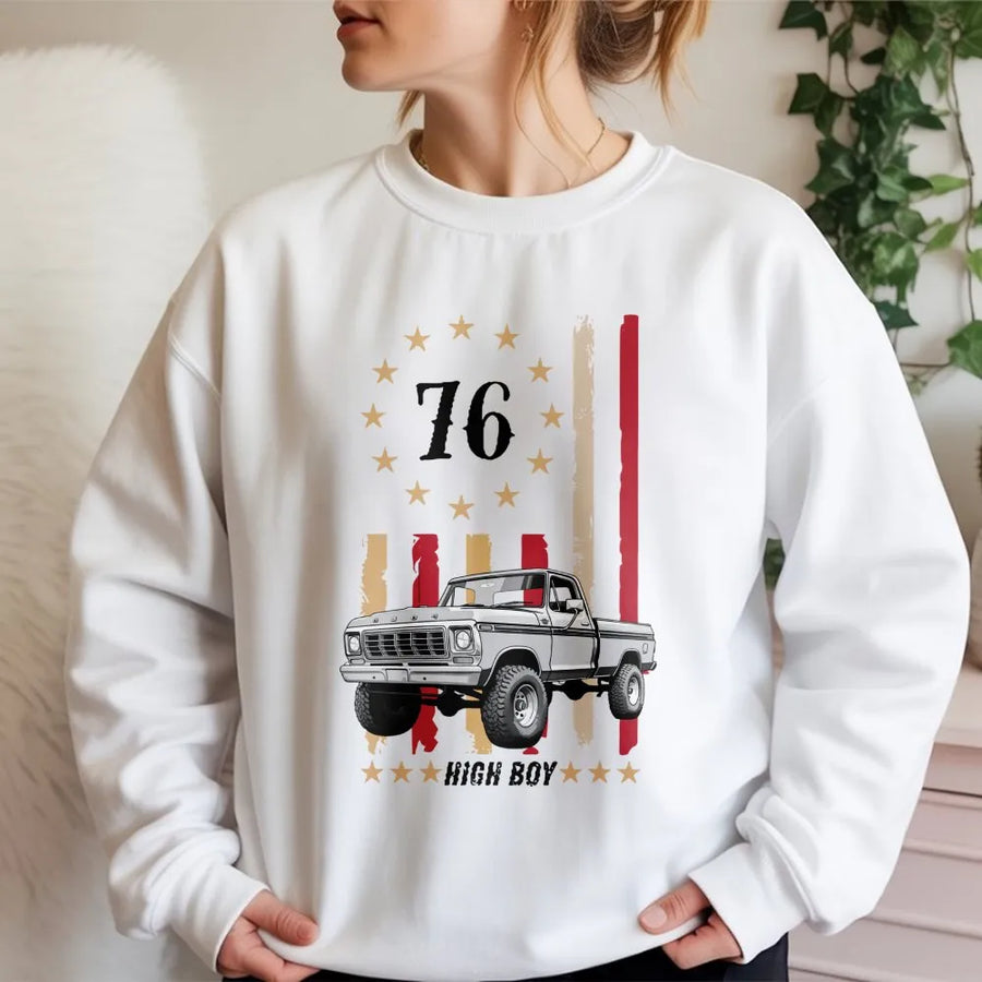 High Boy Truck Sweatshirt | Vintage 76 American Flag Graphic | Premium Cotton Blend Crewneck | Classic Pickup Truck Gift for Men and Women
