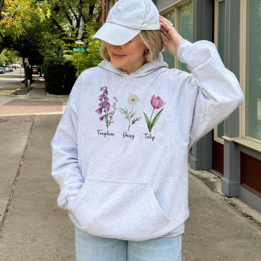 Floral Hoodie | Botanical Foxglove Daisy Tulip Illustration | Premium Cotton-Poly Blend | Cozy Aesthetic Gift for Gardeners & Nature Lovers