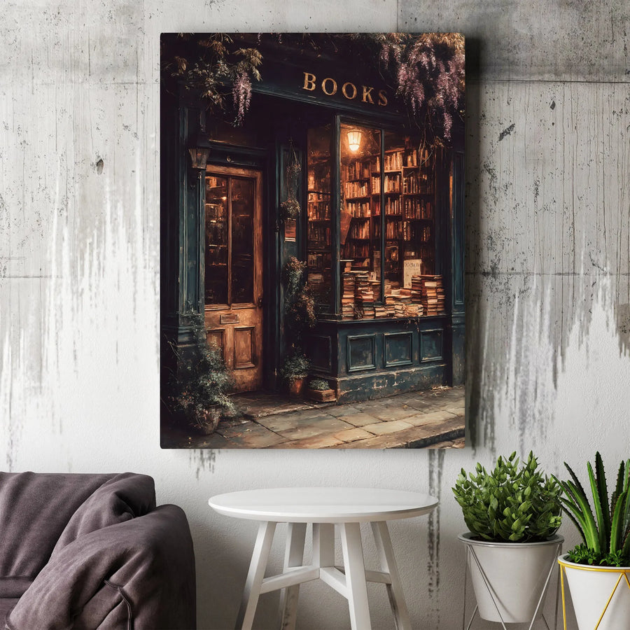 Tableau sur toile d’une librairie vintage | Scène d’étagère sombre et mélancolique Dark Academia | Toile épaisse haut de gamme de qualité galerie | Cadeau de collectionneur pour les amoureux des livres et les lecteurs