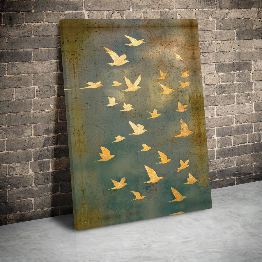 Golden Birds Wall Art Canvas | Rustic Teal Abstract Flock Design | Premium Gallery Wrap 1.25 Inch Print | Sophisticated Home Decor Gift
