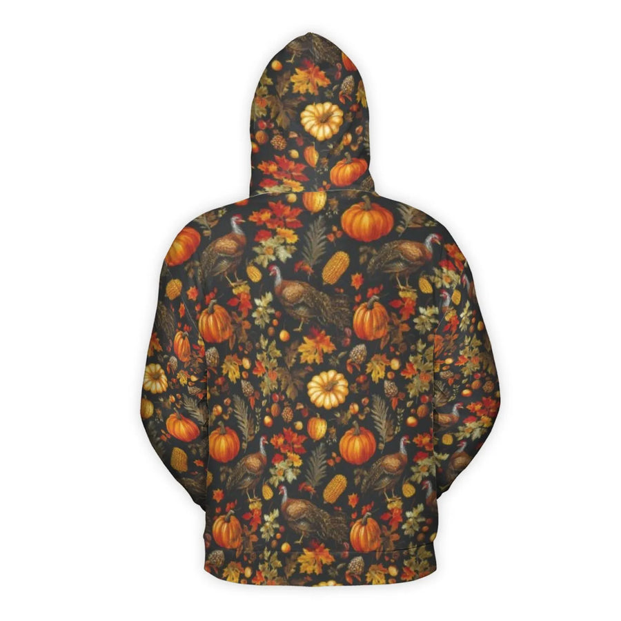 Thanksgiving Turkey Hoodie | Autumn Harvest Pumpkin All-Over Print | Premium Polyester Fleece Lining | Unisex Fall Seasonal Gift for Adults