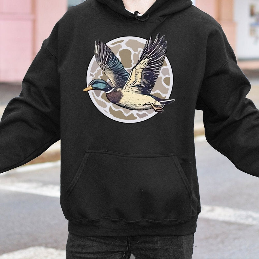 Mallard Duck Hoodie | Flying Waterfowl Wildlife Graphic | Cotton-Poly Premium Blend | Nature Lover Gift for Bird Hunters and Outdoorsmen