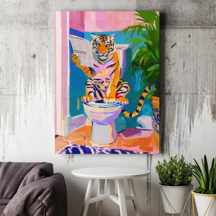 Tiger on Toilet Canvas Print | Colorful Pop Art Bathroom Decor | Premium Fade-Resistant Ink Wall Art | Unique Housewarming Gift