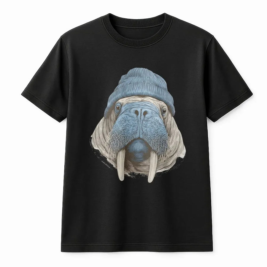 Walrus T-Shirt | Cute Arctic Animal With Blue Beanie | 100% Cotton Premium Unisex Tee | Funny Hipster Wildlife Gift For Animal Lovers