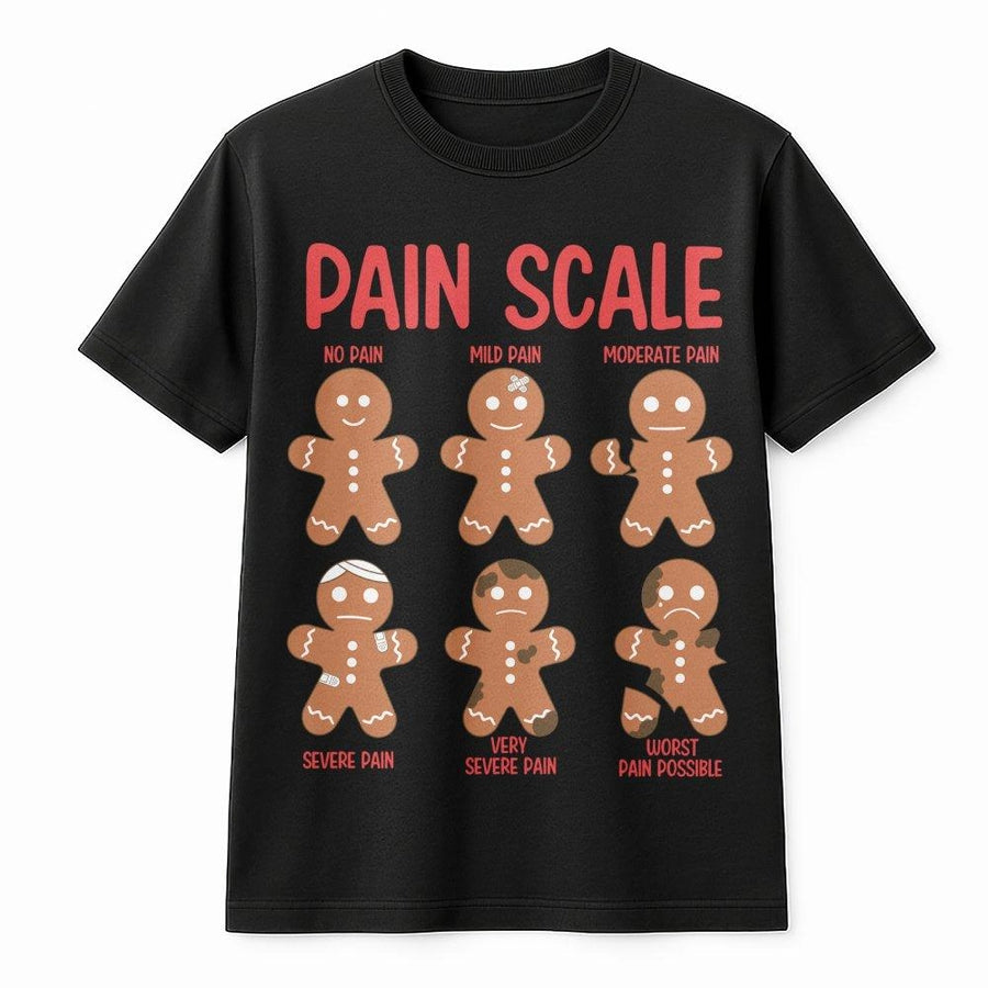 Pain Scale Gingerbread T-Shirt | Funny Christmas Nurse Graphic Tee | Soft 100% Cotton Gift for Nurses | Holiday Medical Humor Apparel